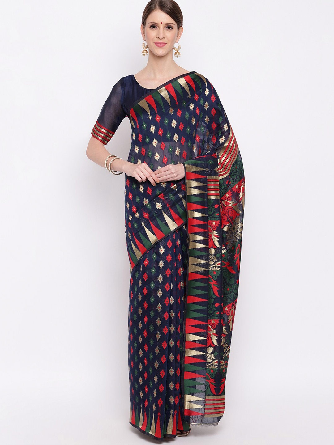 

Vbuyz Navy Blue & Red Ethnic Motifs Woven Design Zari Details Saree