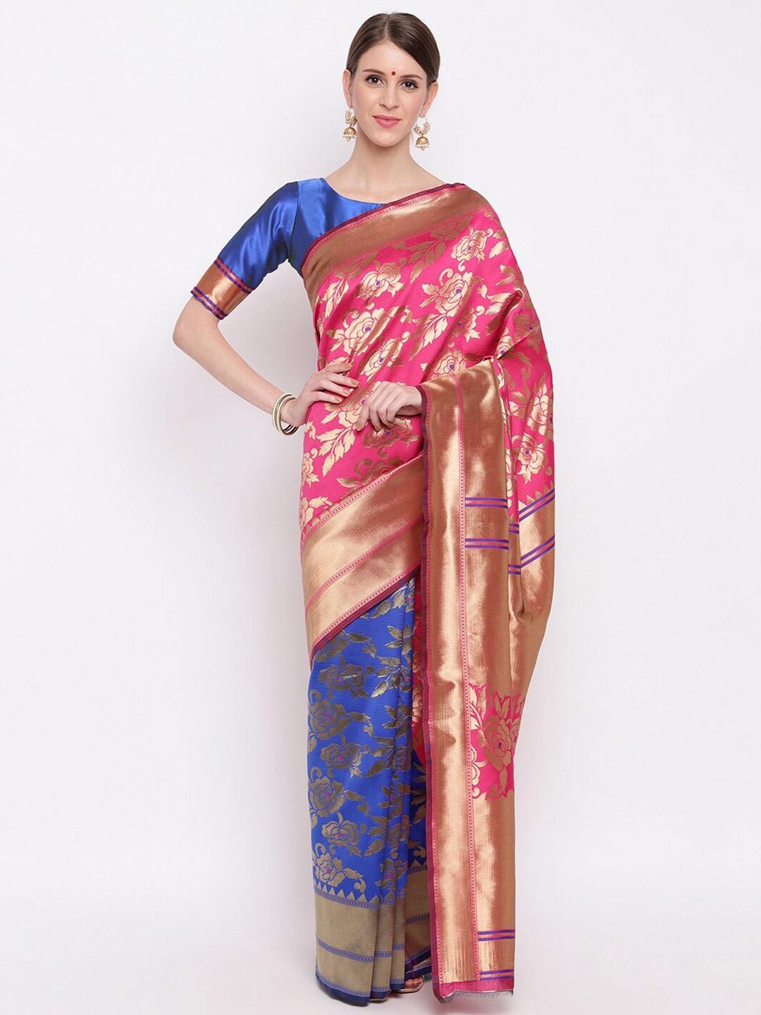 

Vbuyz Blue & Pink Floral Zari Details Banarasi Saree