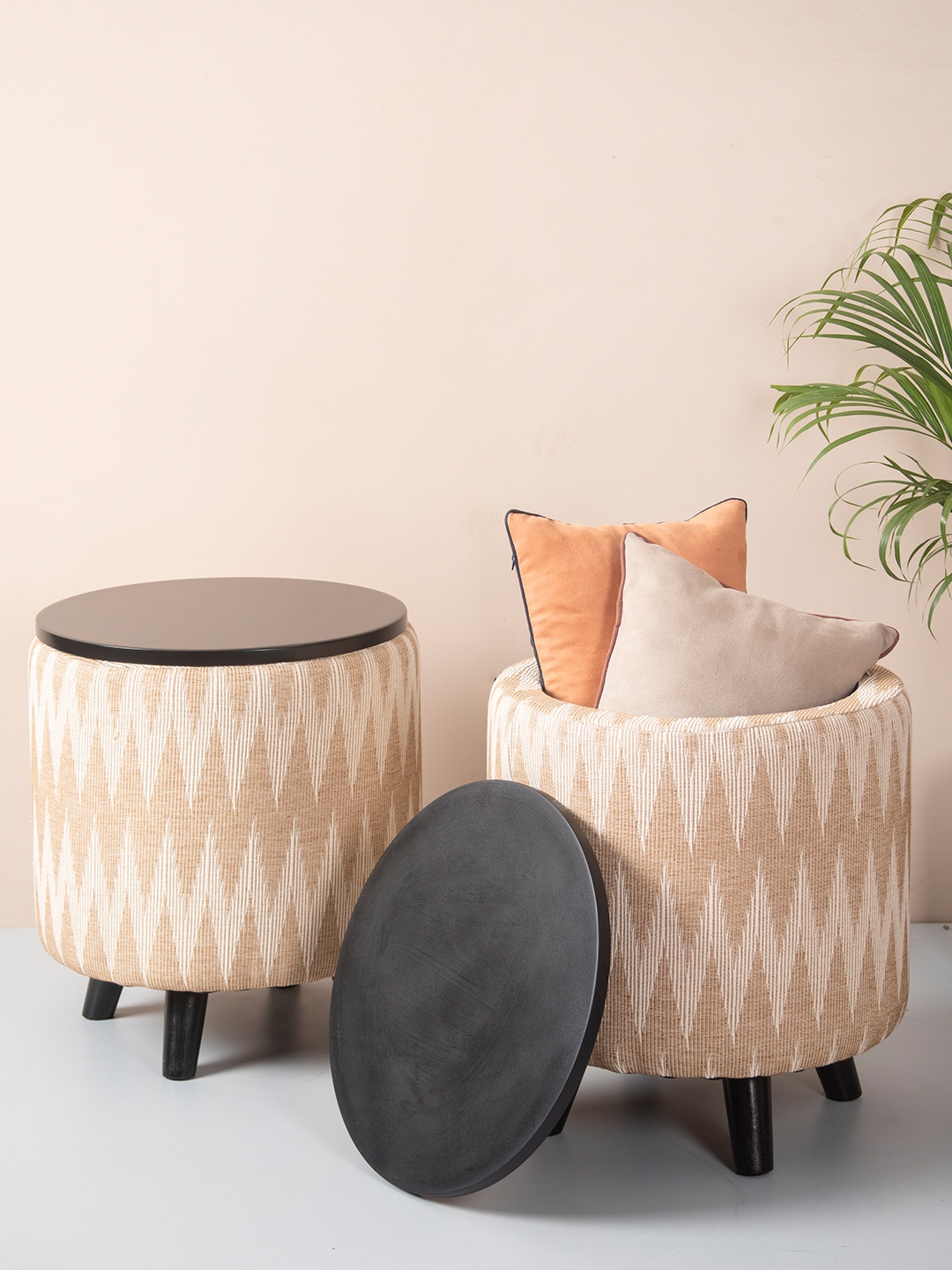 

nestroots Set of 2 Beige & Black Round Shape Sitting Ottoman