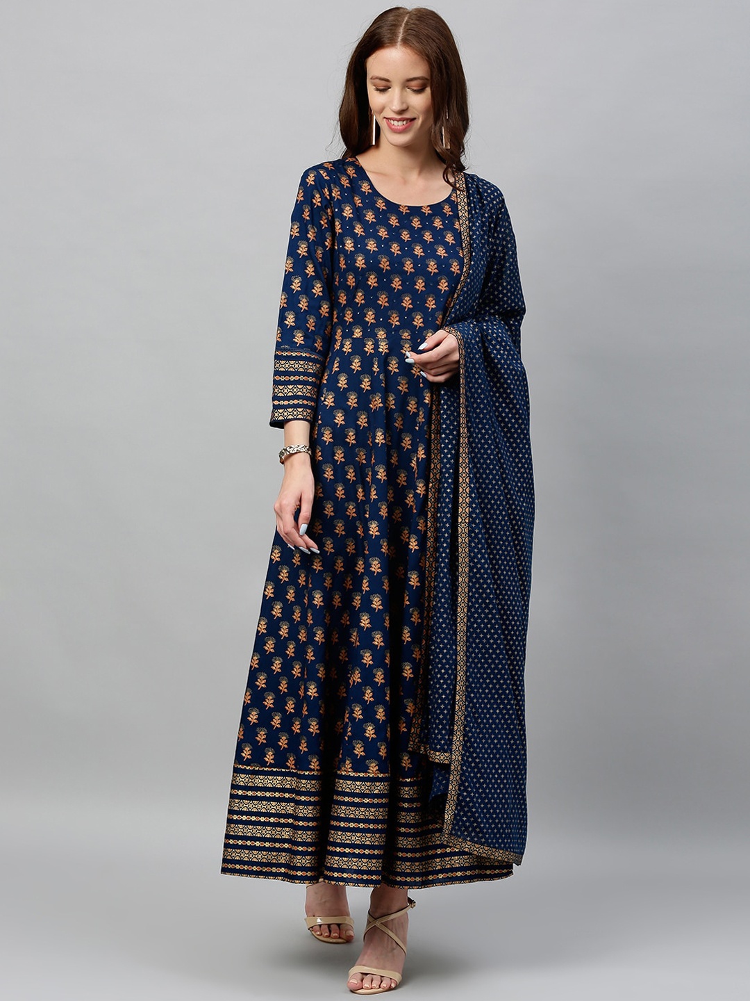 

kipek Blue Ethnic Motifs Ethnic A-Line Maxi Dress with Dupatta