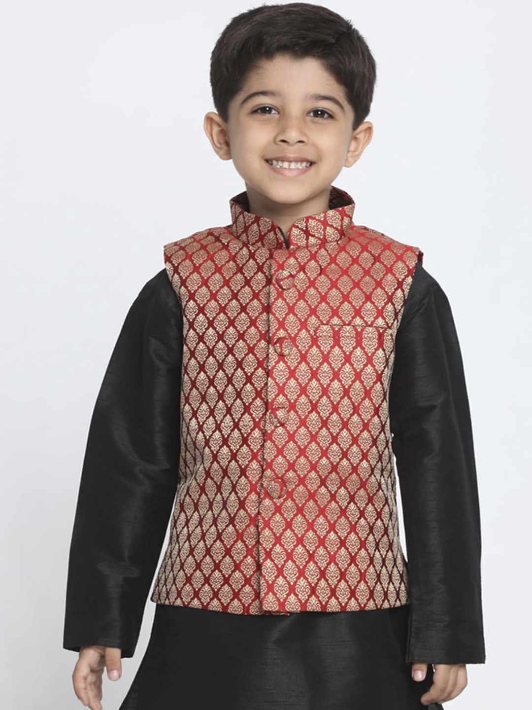 

VASTRAMAY Boys Maroon & Beige Woven-Design Banarasi Brocade Woven Jacquard Slim-Fit Nehru Jacket