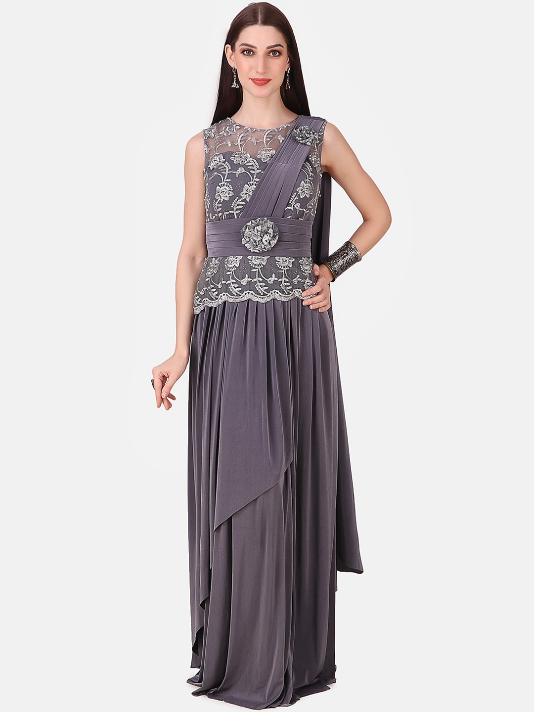 

Grancy Grey Floral Embroidered Velvet Maxi Dress