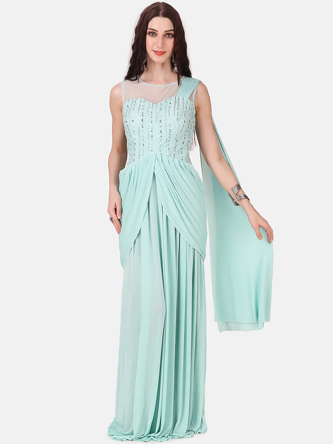 

Grancy Turquoise Blue Embellished Velvet Maxi Dress