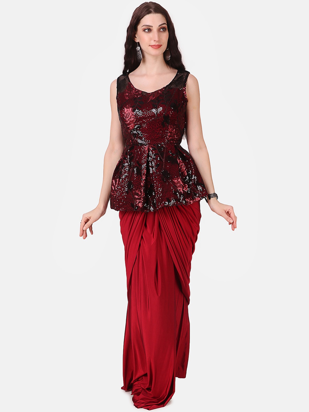 

Grancy Maroon Embellished Velvet Peplum Maxi Dress