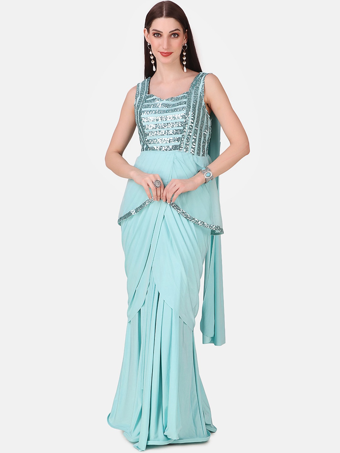 

Grancy Turquoise Blue Embellished Velvet Maxi Dress