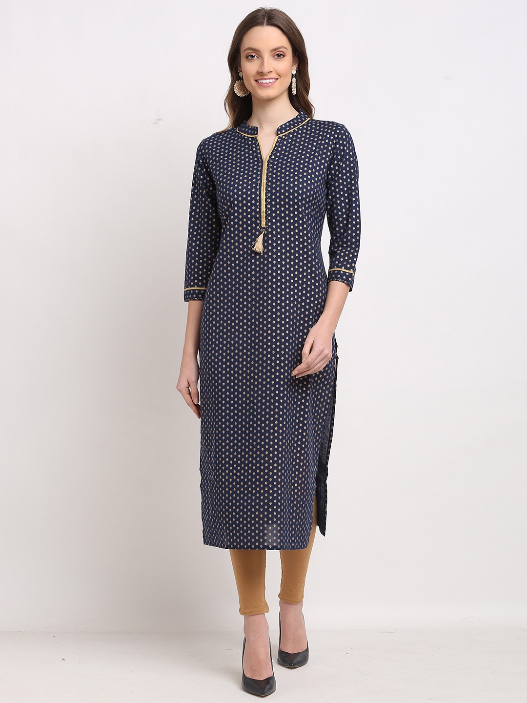 

Rajnandini Women Navy Blue Ethnic Motifs Jaipuri Printed Kurta