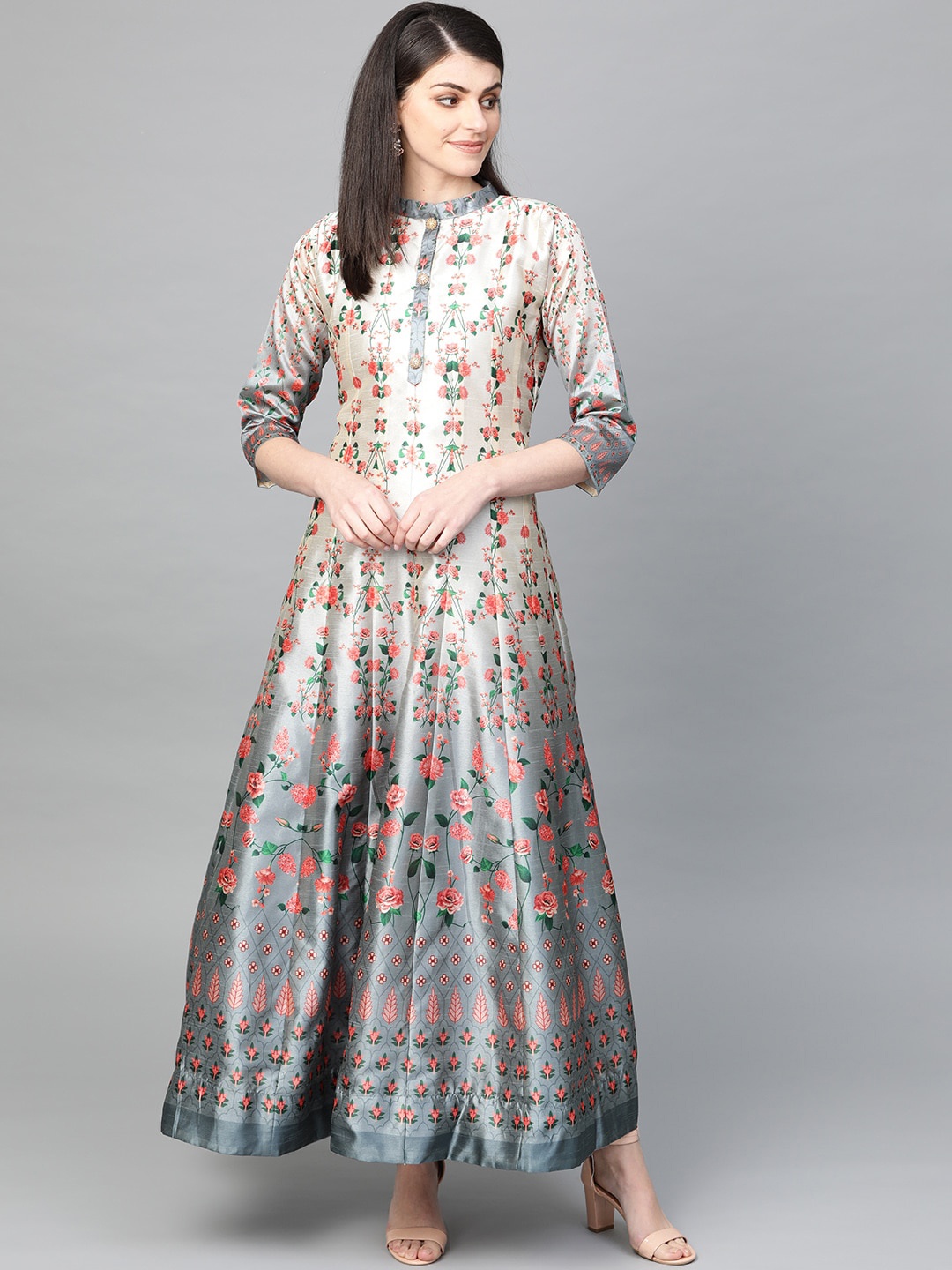 

Ishin Women Off White & Grey Floral Printed Floral Anarkali Kurta