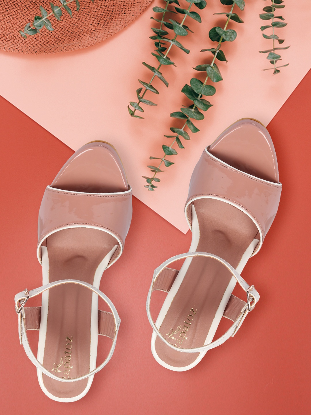 

ZAPATOZ Peach-Coloured & White PU Platform Heels with Buckles