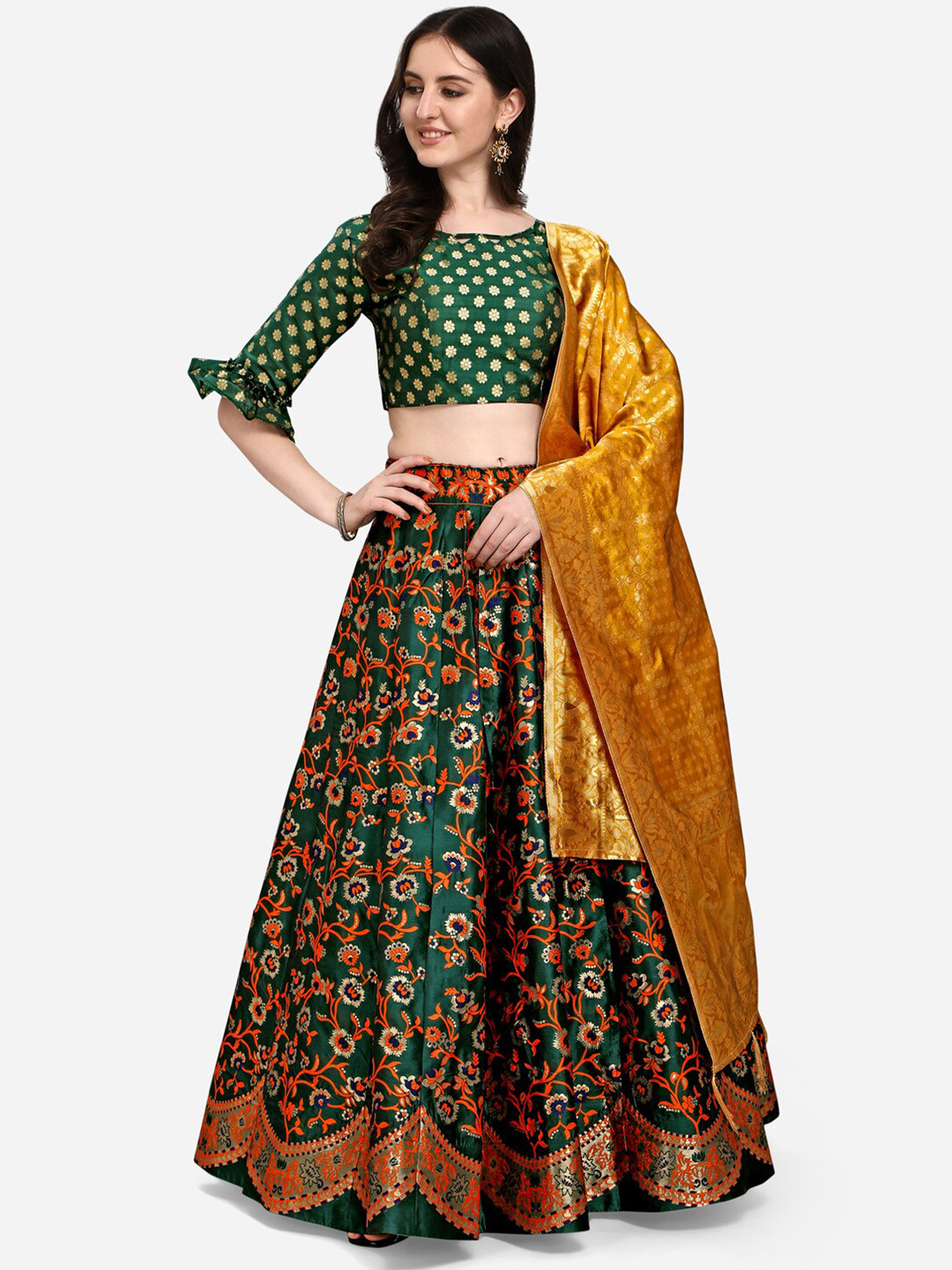 

PURVAJA Green & Red Ready to Wear Lehenga & Blouse With Dupatta