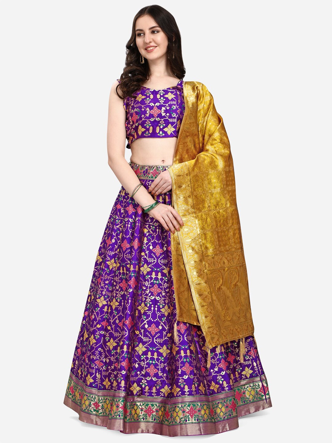 

PURVAJA Purple & Mustard Ready to Wear Lehenga & Unstitched Blouse With Dupatta