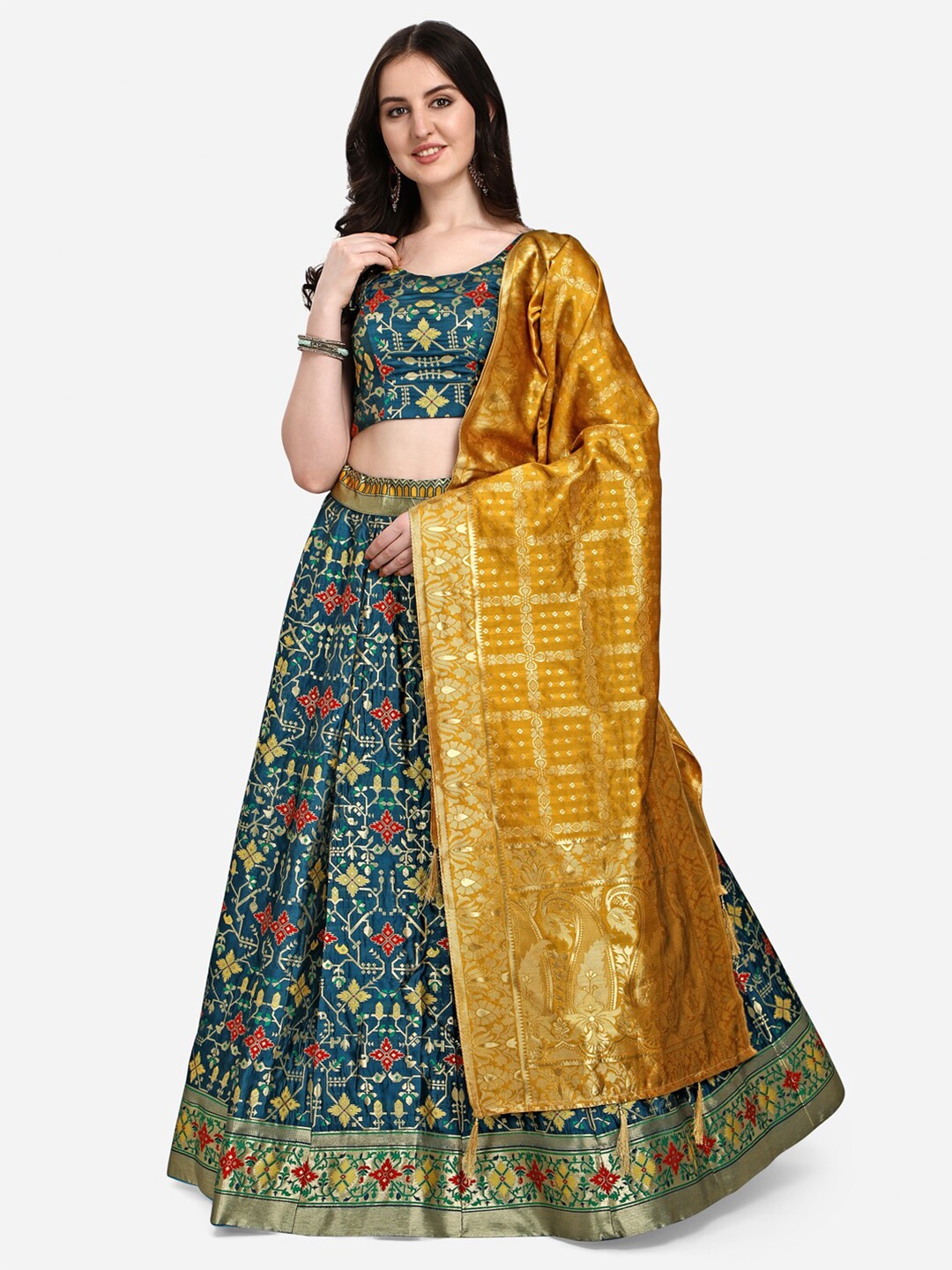 

PURVAJA Teal & Mustard Ready to Wear Lehenga & Unstitched Blouse With Dupatta