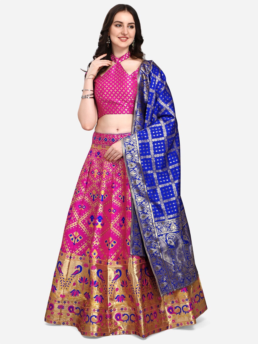 

PURVAJA Pink & Blue Ready to Wear Lehenga & Unstitched Blouse With Dupatta