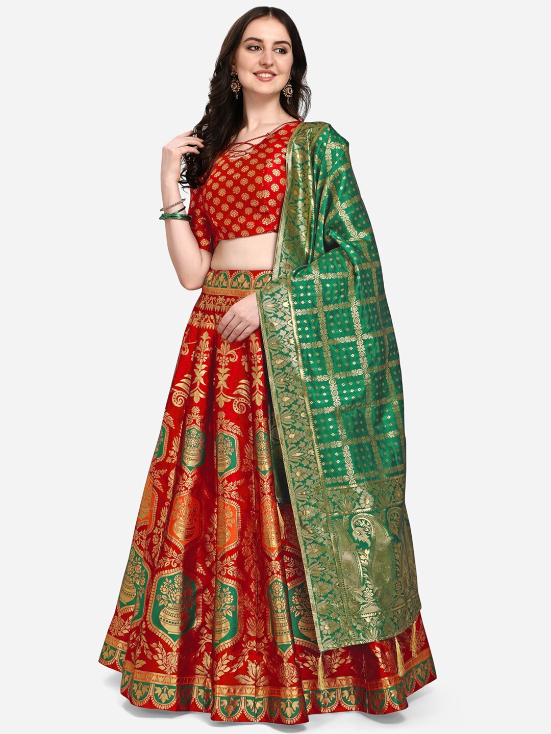 

PURVAJA Red & Green Ready to Wear Lehenga & Unstitched Blouse With Dupatta