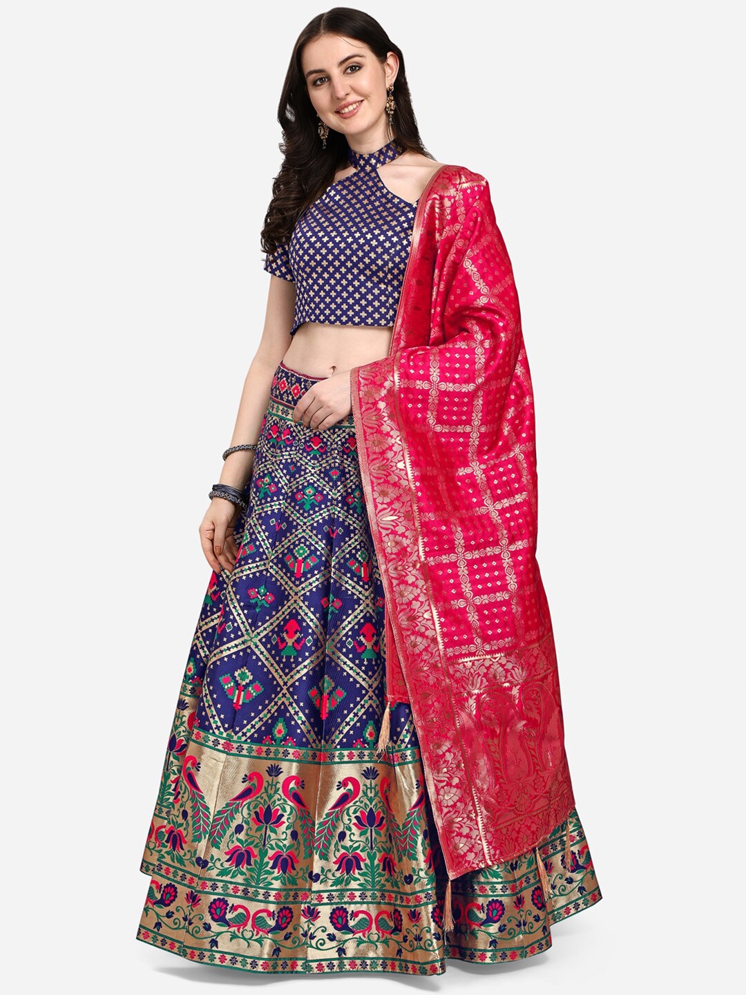 

PURVAJA Navy Blue & Pink Ready to Wear Lehenga & Unstitched Blouse With Dupatta