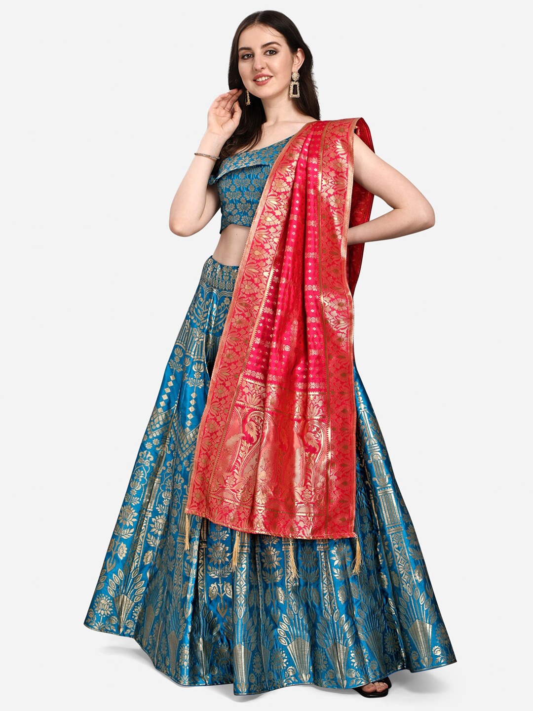 

PURVAJA Turquoise Blue & Fuchsia Ready to Wear Lehenga & Unstitched Blouse With Dupatta