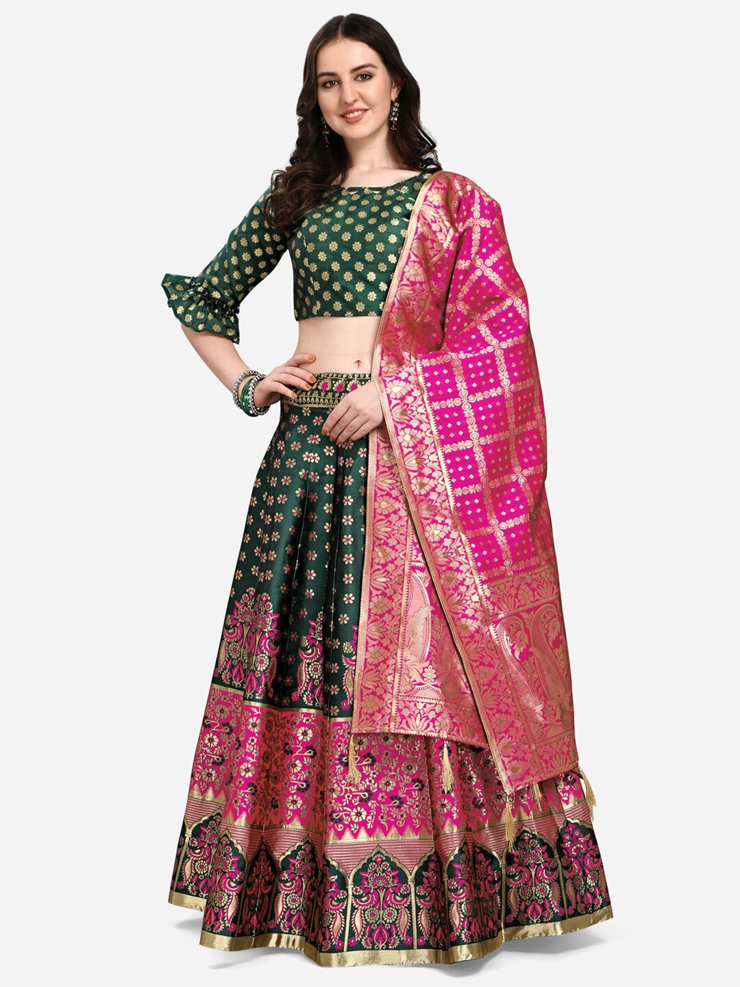 

PURVAJA Green & Gold-Toned Ready to Wear Lehenga Choli