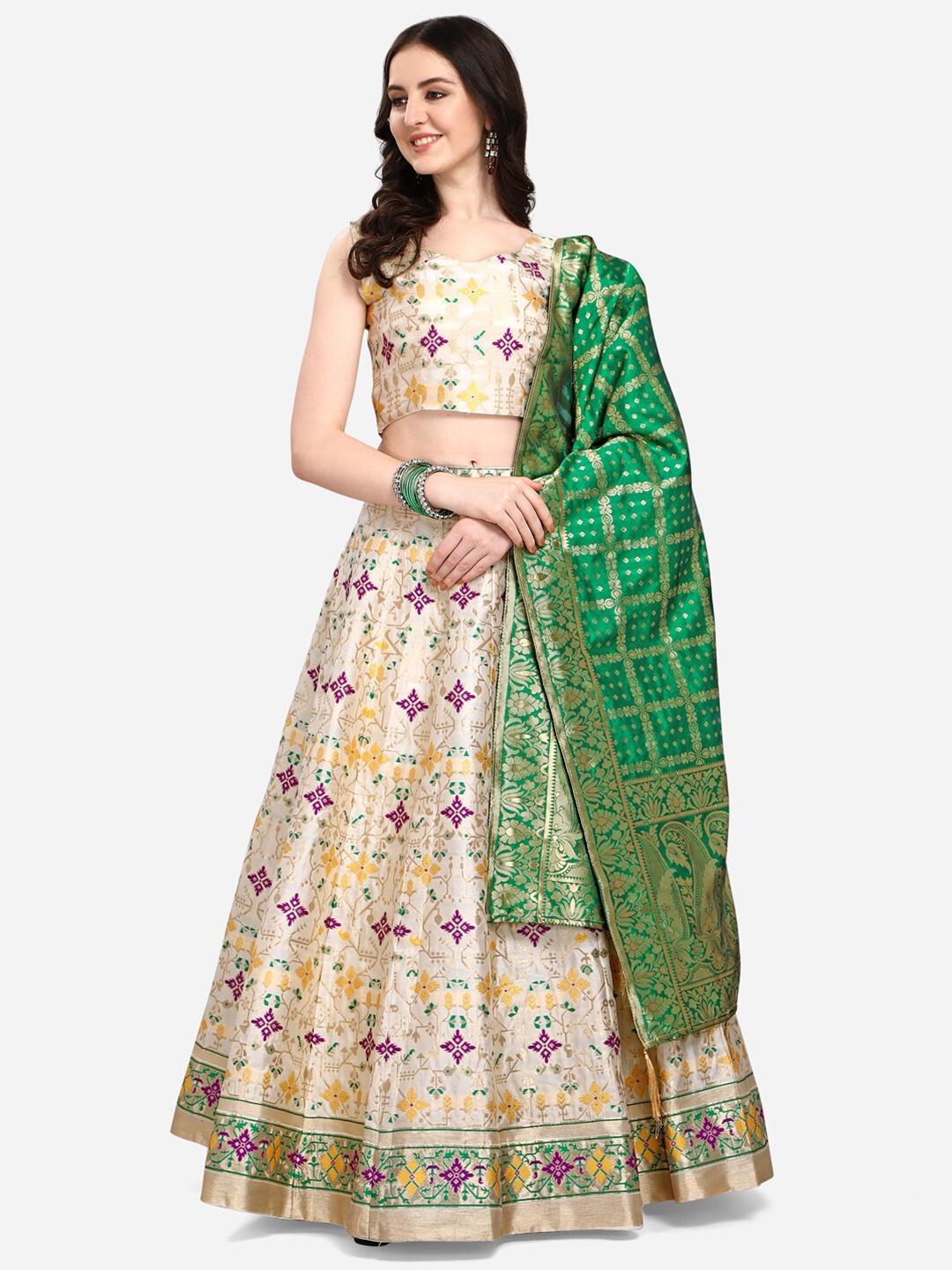 

PURVAJA Off White & Green Ready to Wear Lehenga Choli