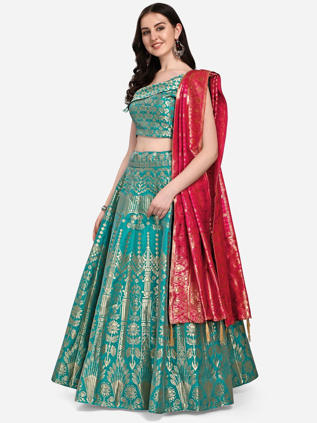 

PURVAJA Sea Green & Gold-Toned Embellished Ready to Wear Lehenga Choli