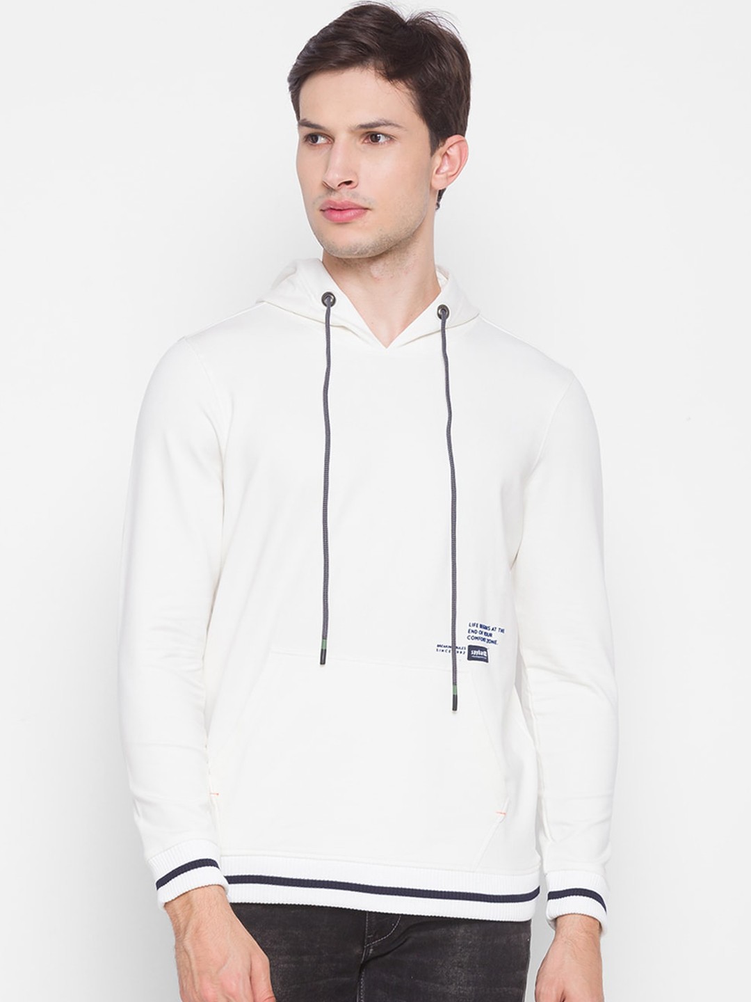 

SPYKAR Men Off White Hooded Sweatshirt