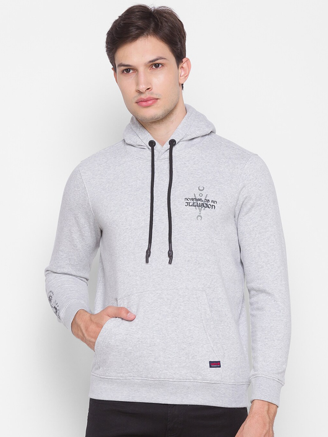 

SPYKAR Men Grey Printed Hooded Sweatshirt