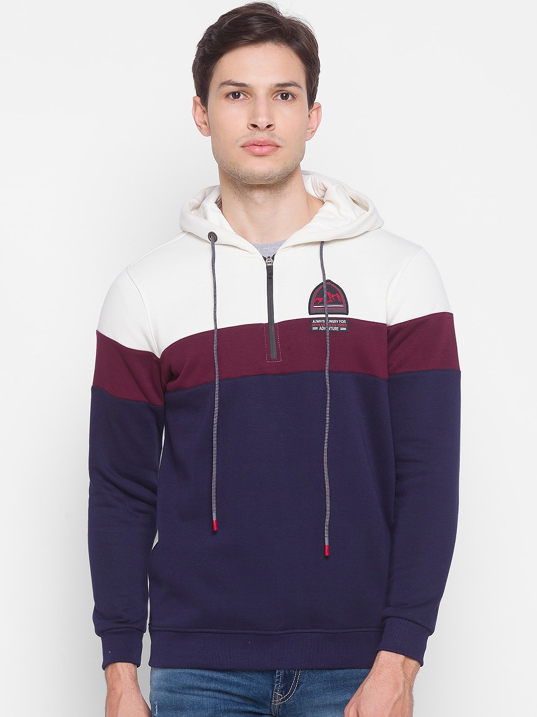 

SPYKAR Men White & Navy Blue Colourblocked Hooded Sweatshirt
