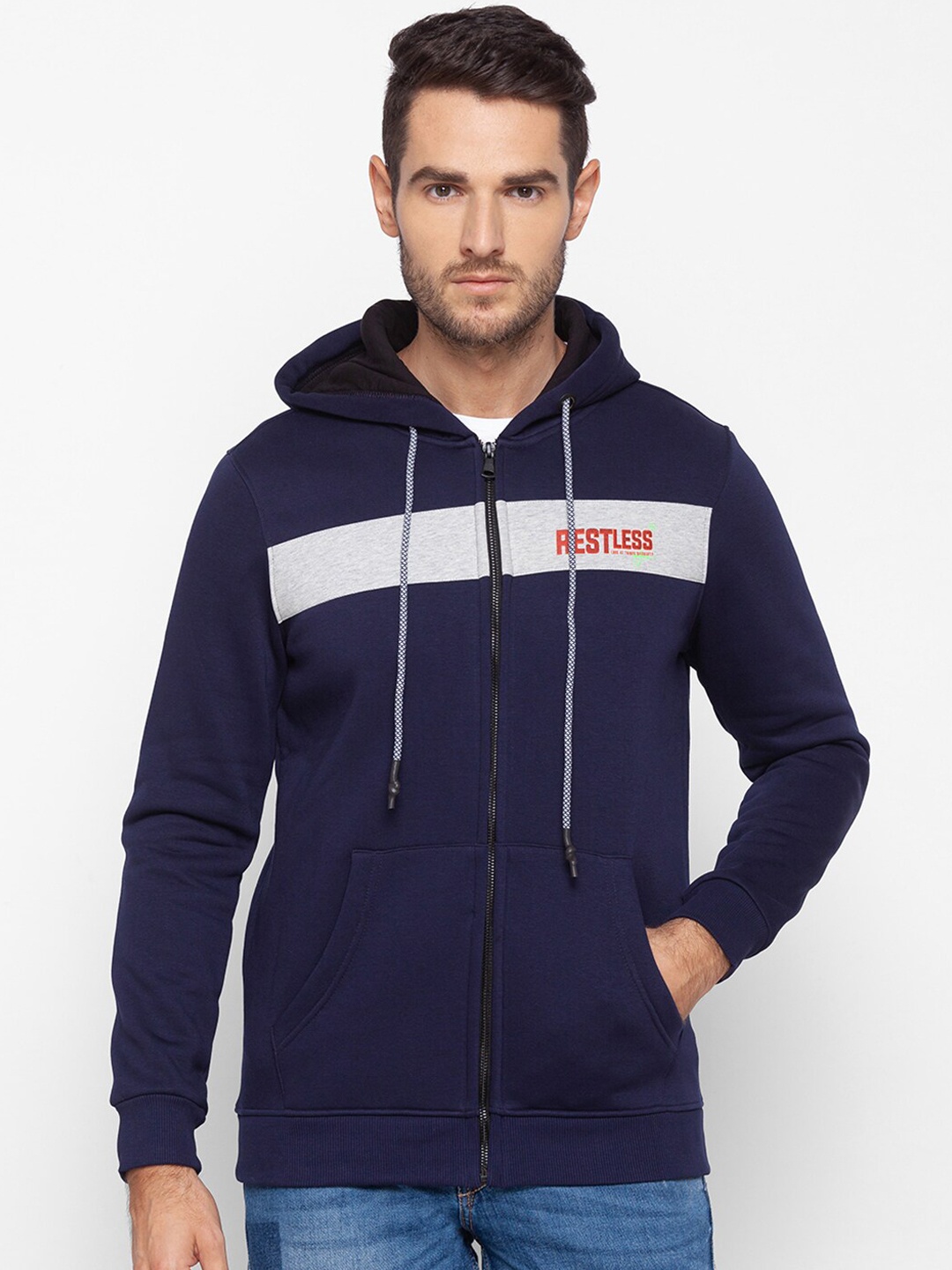 

SPYKAR Men Blue & Grey Colourblocked Hooded Sweatshirt