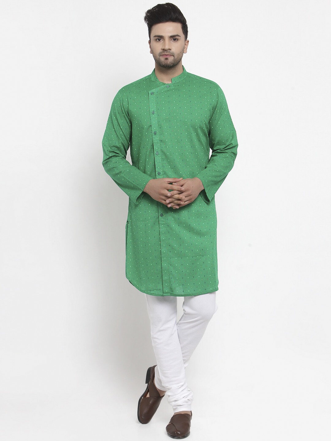 

NEUDIS Men Green Ethnic Motifs Printed Angrakha Pure Cotton Kurta with Churidar