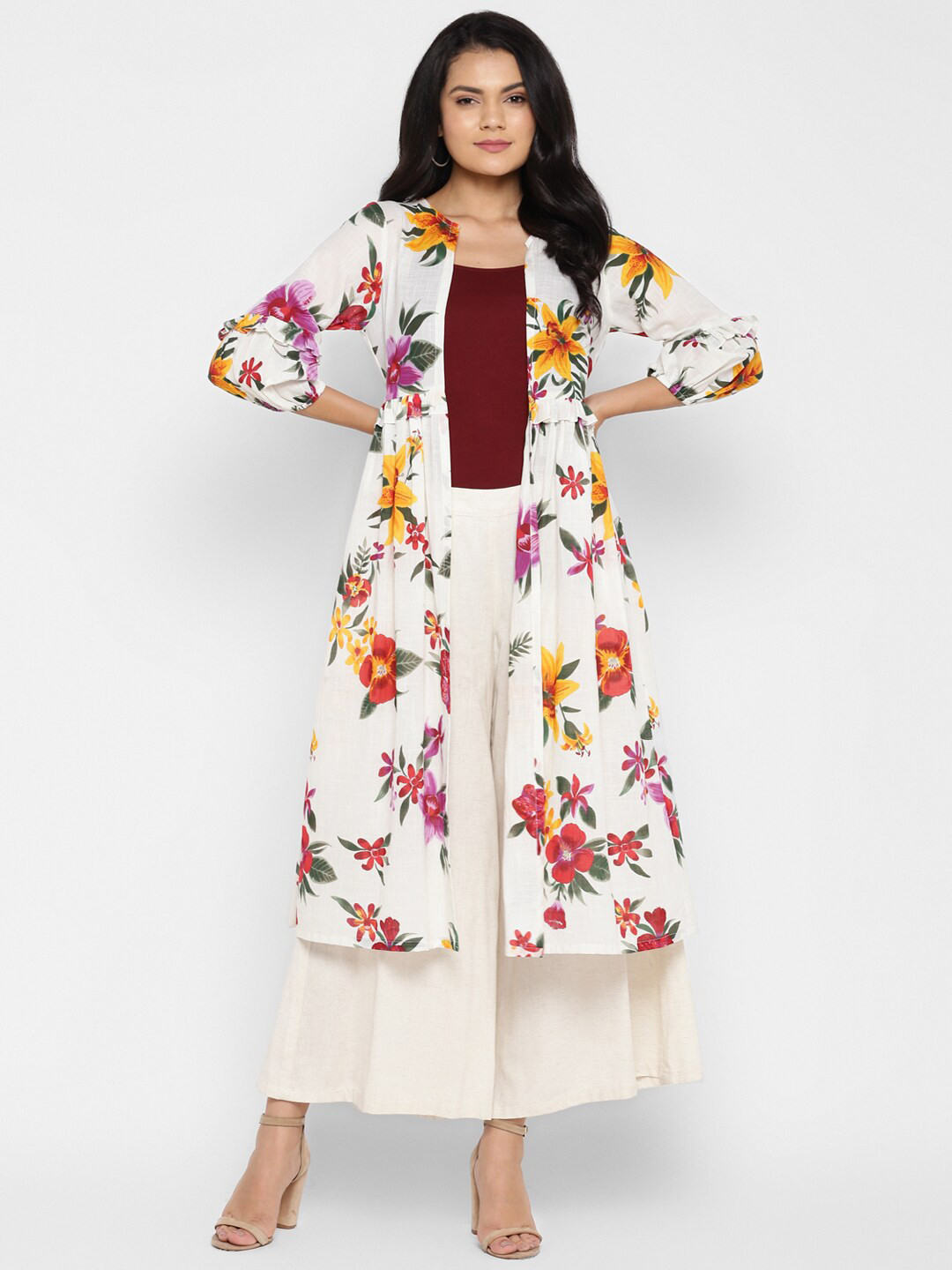 

DEEBACO Women White & Yellow Floral Printed Long Shrug