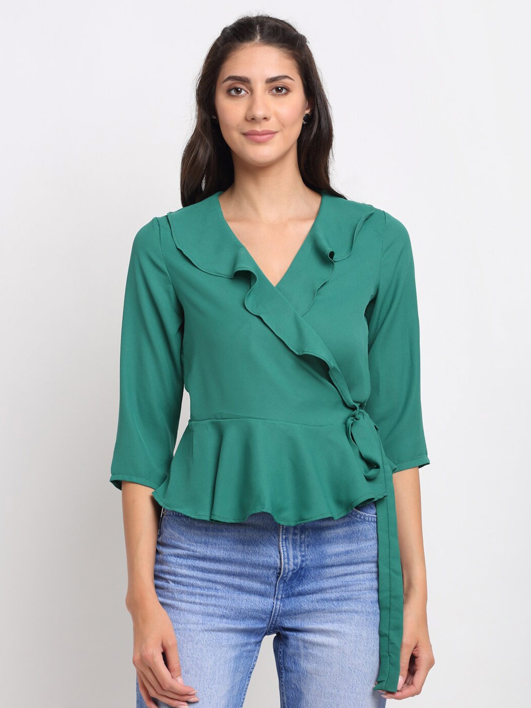 

Just Wow Green Solid Crepe Wrap Top