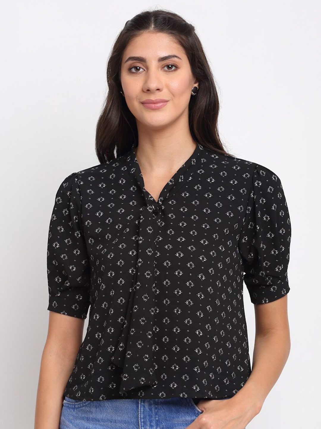 

Just Wow Black & White Printed Tie-Up Neck Crepe Shirt Style Top