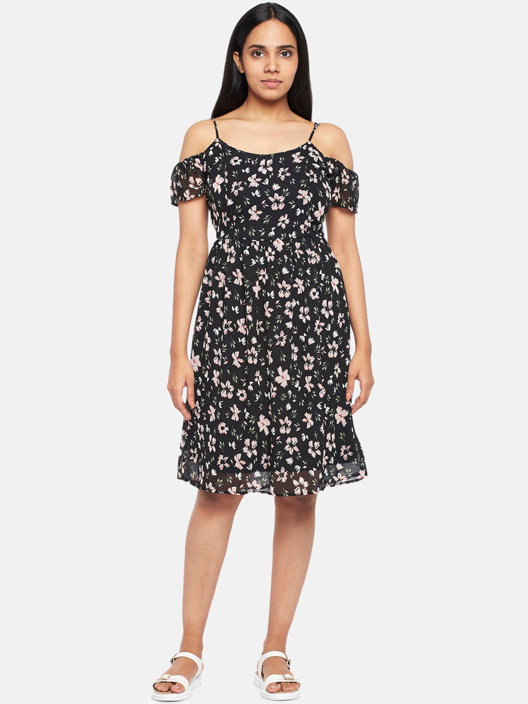 

People Women Black Floral Printed Fit & Flare Cold Shoulder Dress