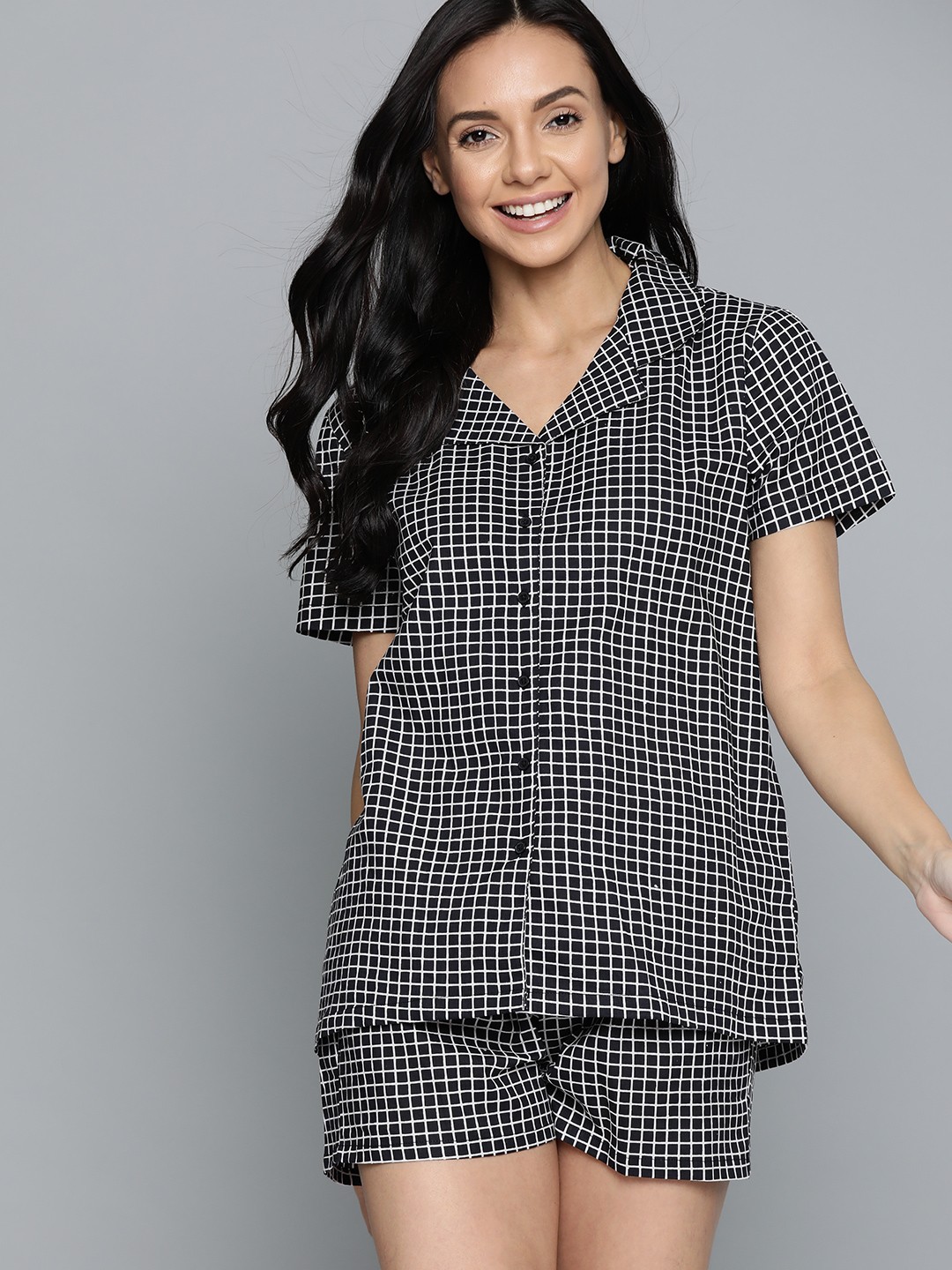

HERE&NOW Women Black & White Checked Cotton Night suit