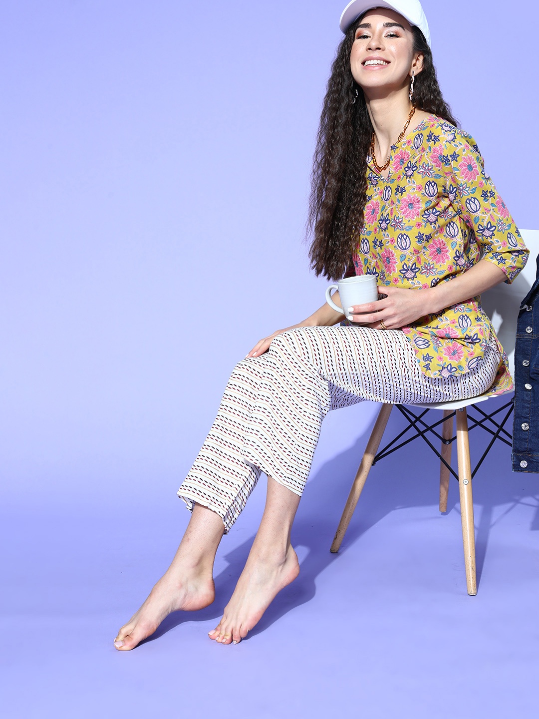 

HERE&NOW Women Mustard Yellow & White Printed Pyjama Set