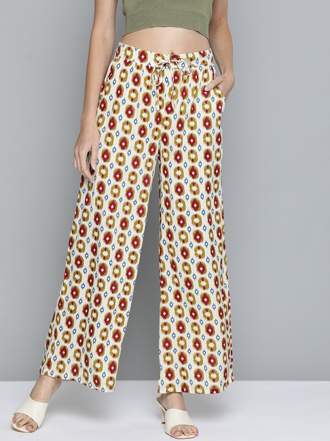 

HERE&NOW Women Off-White & Maroon Printed Palazzos