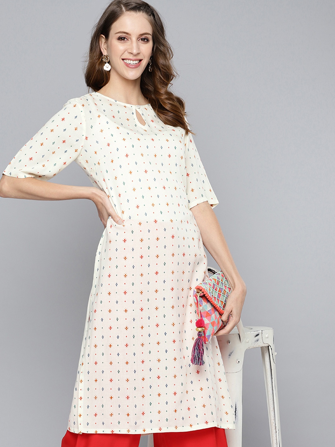 

HERE&NOW Women Off White & Orange Printed Keyhole Neck Kurta