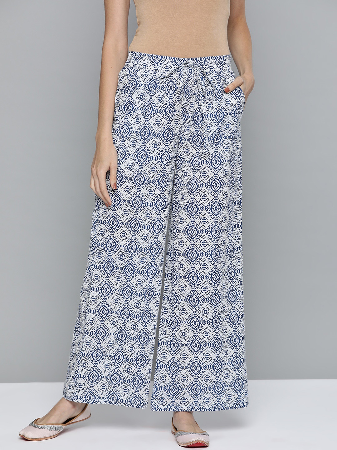 

HERE&NOW Women White & Navy Blue Ethnic Motifs Printed Pure Cotton Wide Leg Palazzos
