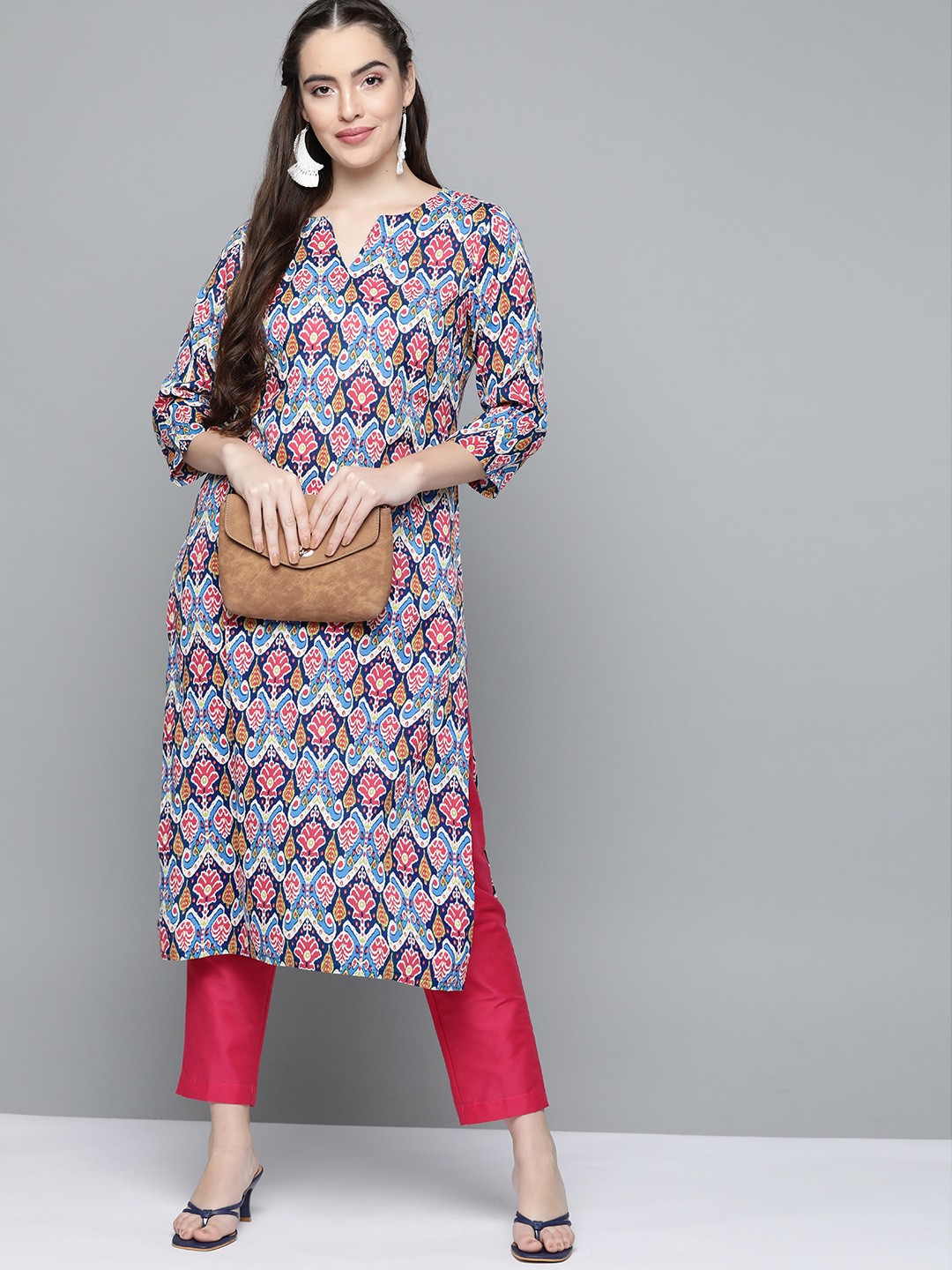 

HERE&NOW Women Navy Blue & White Ethnic Print Printed Kurta