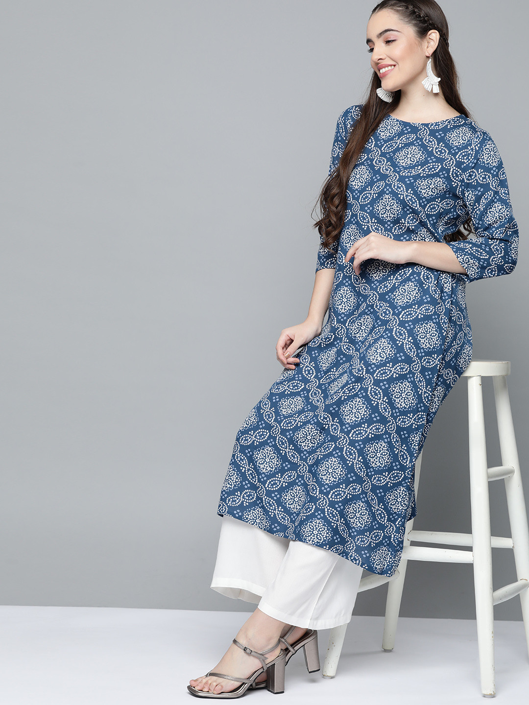 

HERE&NOW Women Navy Blue & White Bandhani Printed Kurta