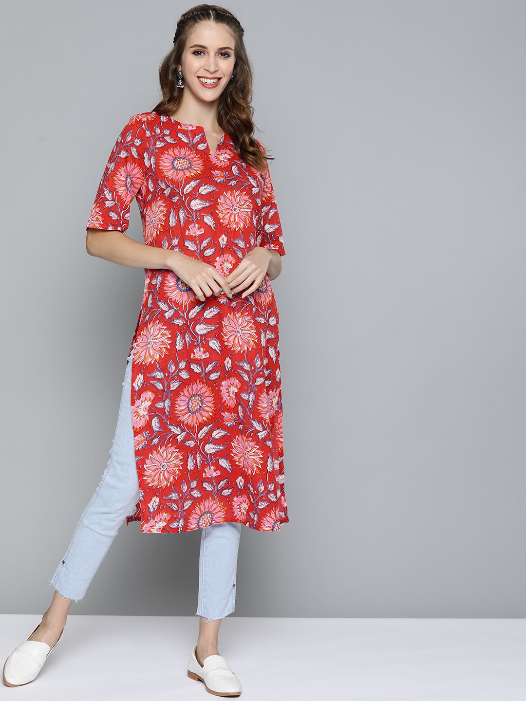 

HERE&NOW Women Red & Blue Pure Cotton Floral Print Kurta