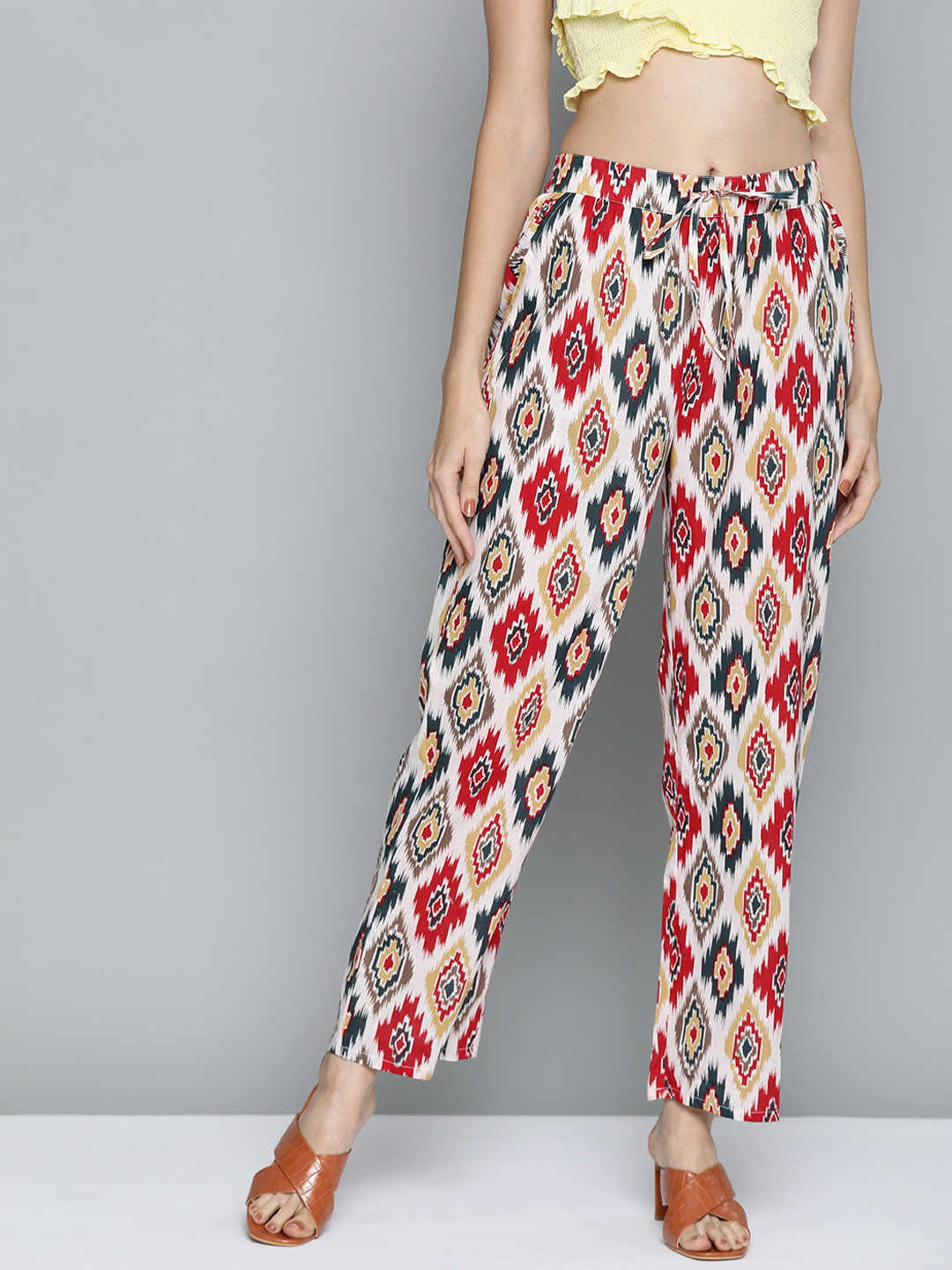 

HERE&NOW Women Red & Green Pure Cotton Ikkat Print High-Rise Trousers