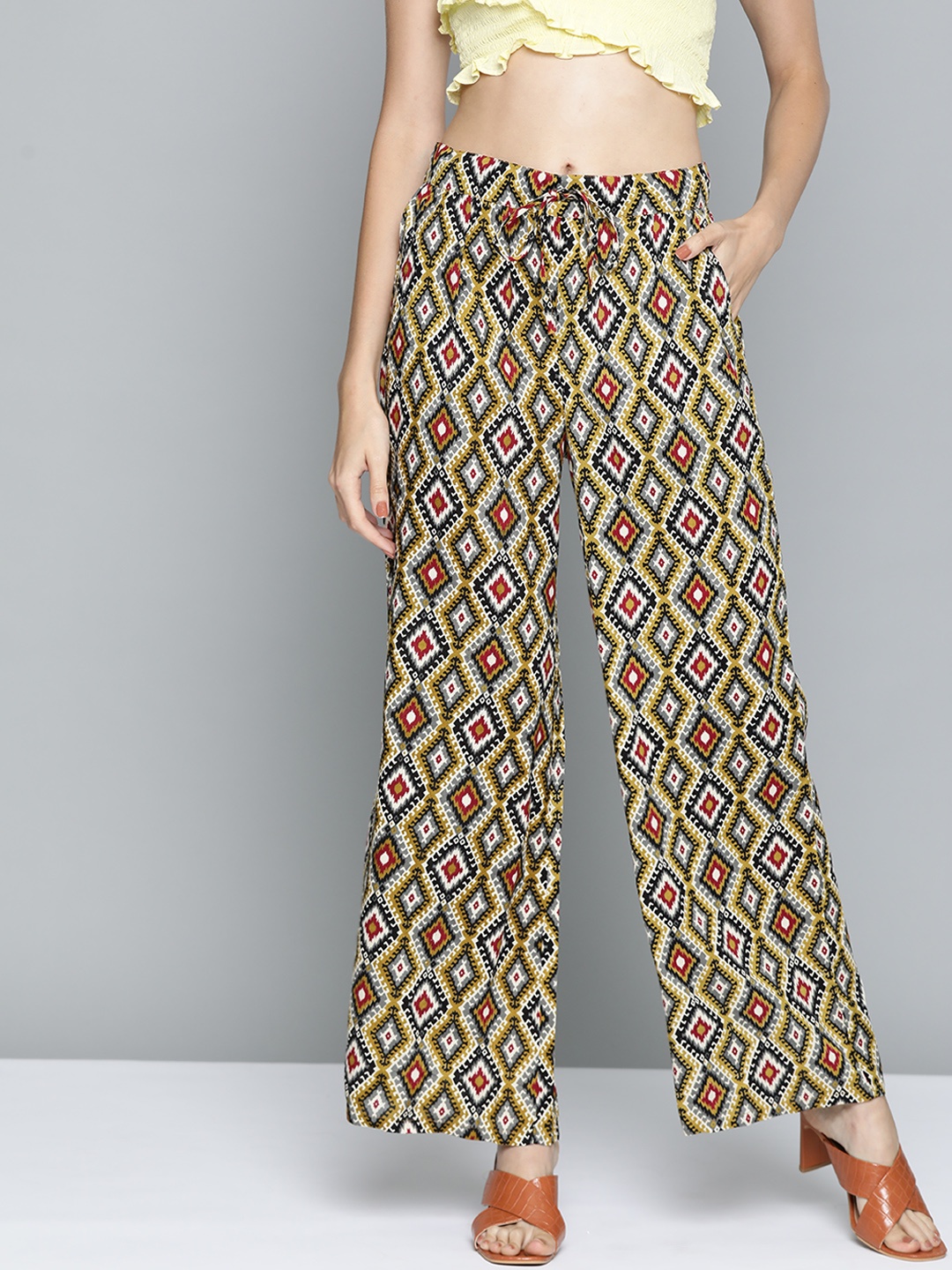 

HERE&NOW Women Olive Green & Maroon Ikkat Print Wide Leg Palazzos