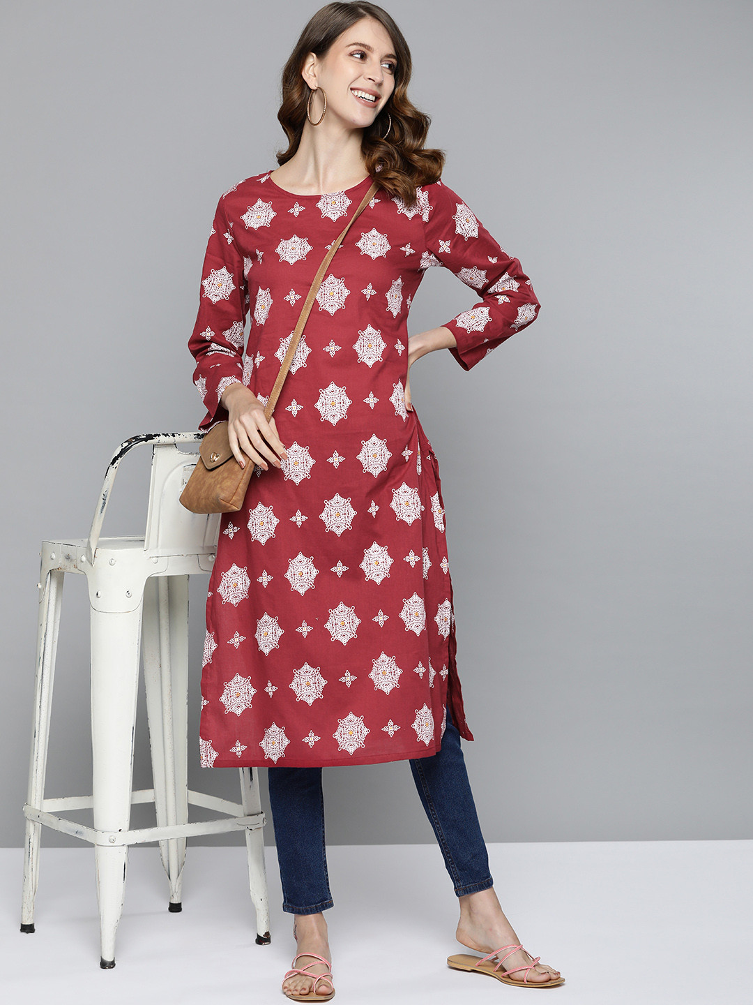 

HERE&NOW Women Maroon & Off White Pure Cotton Ethnic Motifs Print Kurta