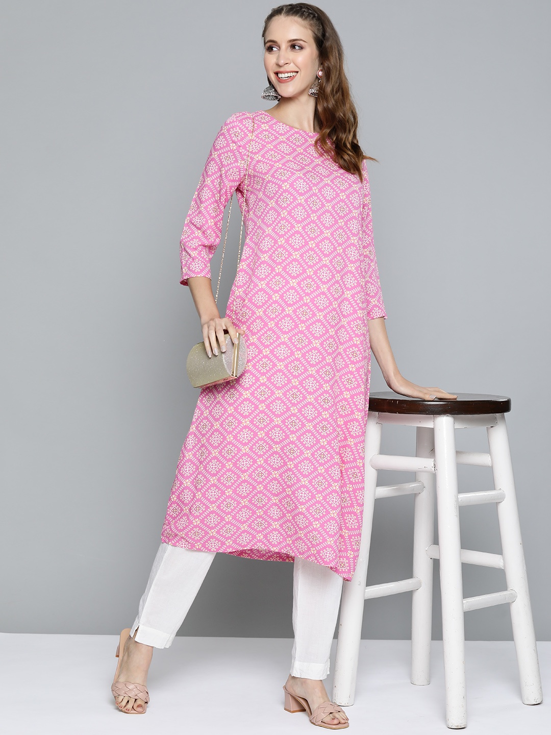

HERE&NOW Women Pink & Yellow Ethnic Motifs Printed Kurta