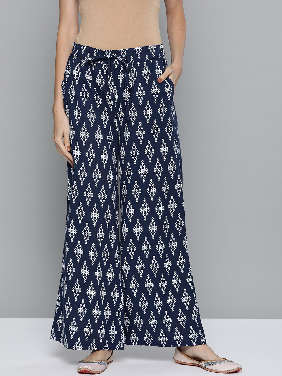 

HERE&NOW Women Navy Blue & White Ethnic Motifs Printed Pure Cotton Wide Leg Palazzos