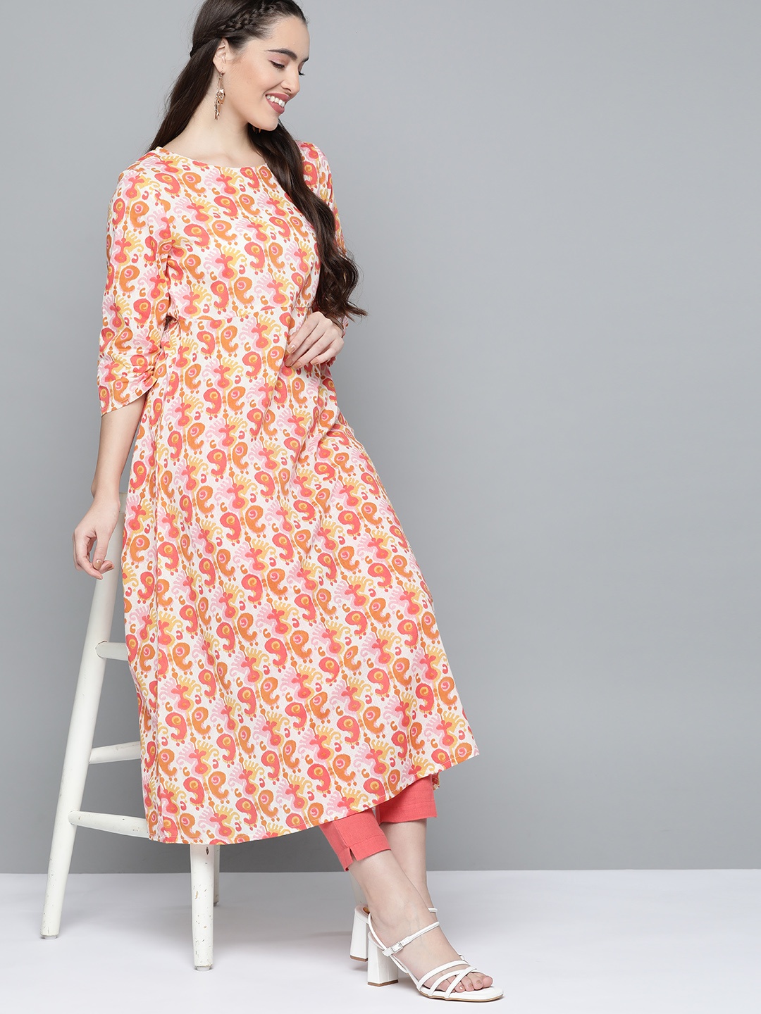 

HERE&NOW Women Orange & White Ethnic Motifs Printed Kurta