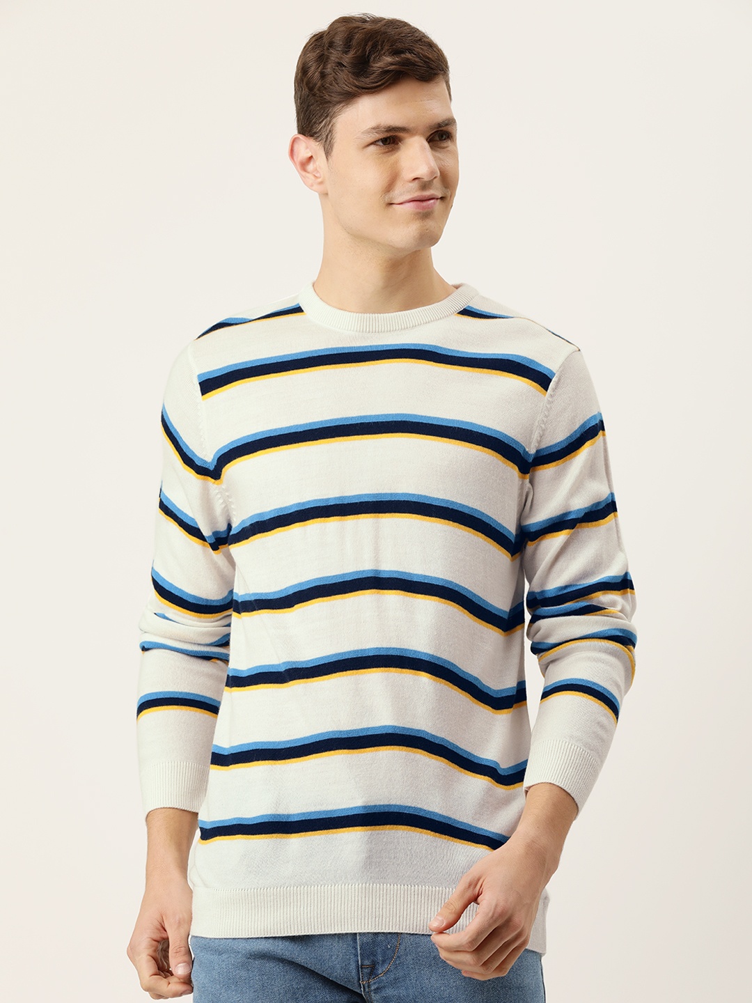 

PETER ENGLAND UNIVERSITY Men White & Navy Blue Striped Pullover Sweater