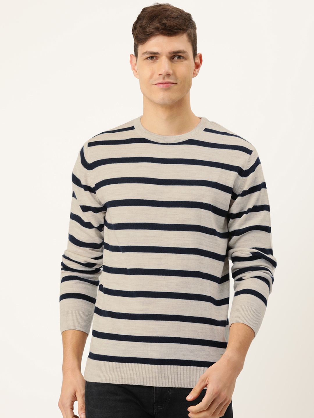 

PETER ENGLAND UNIVERSITY Men Beige & Navy Blue Striped Pure Acrylic Pullover Sweater