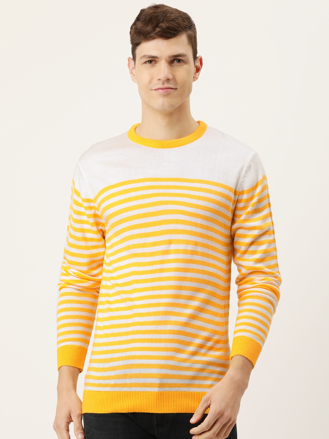 

PETER ENGLAND UNIVERSITY Men Yellow & White Striped Pure Acrylic Pullover Sweater