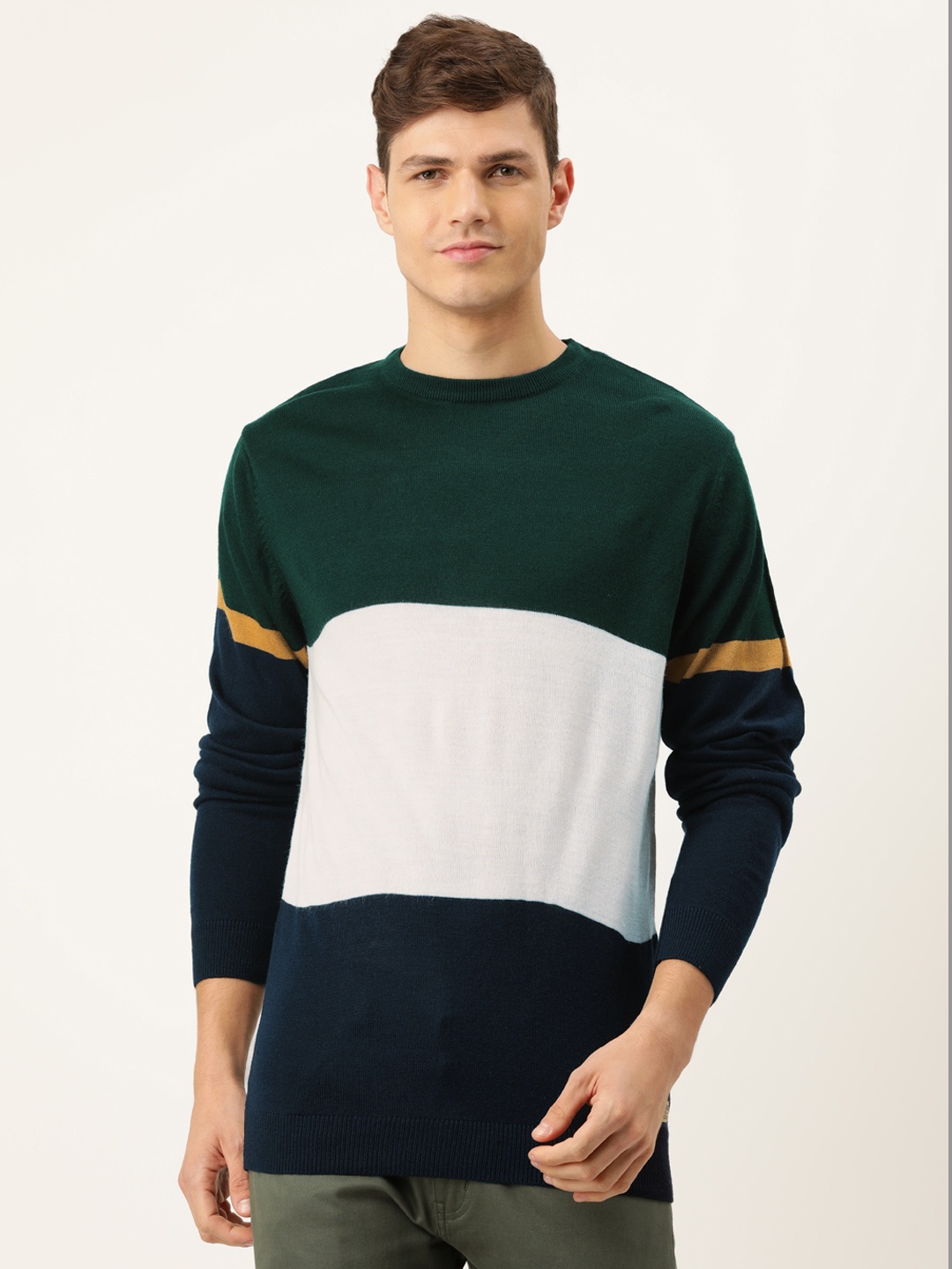 

PETER ENGLAND UNIVERSITY Men Green & Navy Blue Colourblocked Pure Acrylic Pullover Sweater