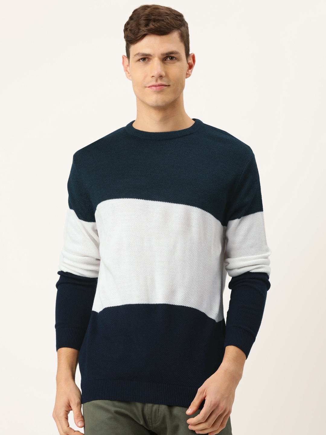

PETER ENGLAND UNIVERSITY Men Navy Blue & White Colourblocked Pure Acrylic Pullover Sweater